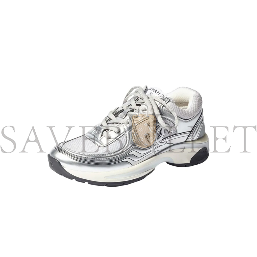 CHANEL  FABRIC LAMINATED CALFSKIN STRETCH CC SNEAKERS WHITE SILVER G39792